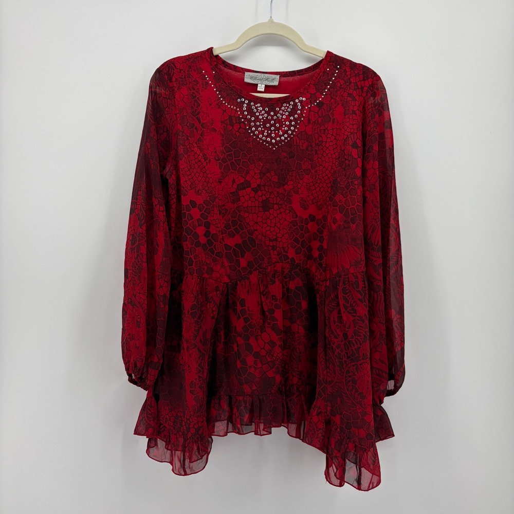 Closet Full Womens Small Red Tunic Top Beaded Peplum Ruffle Sheer F261T2128